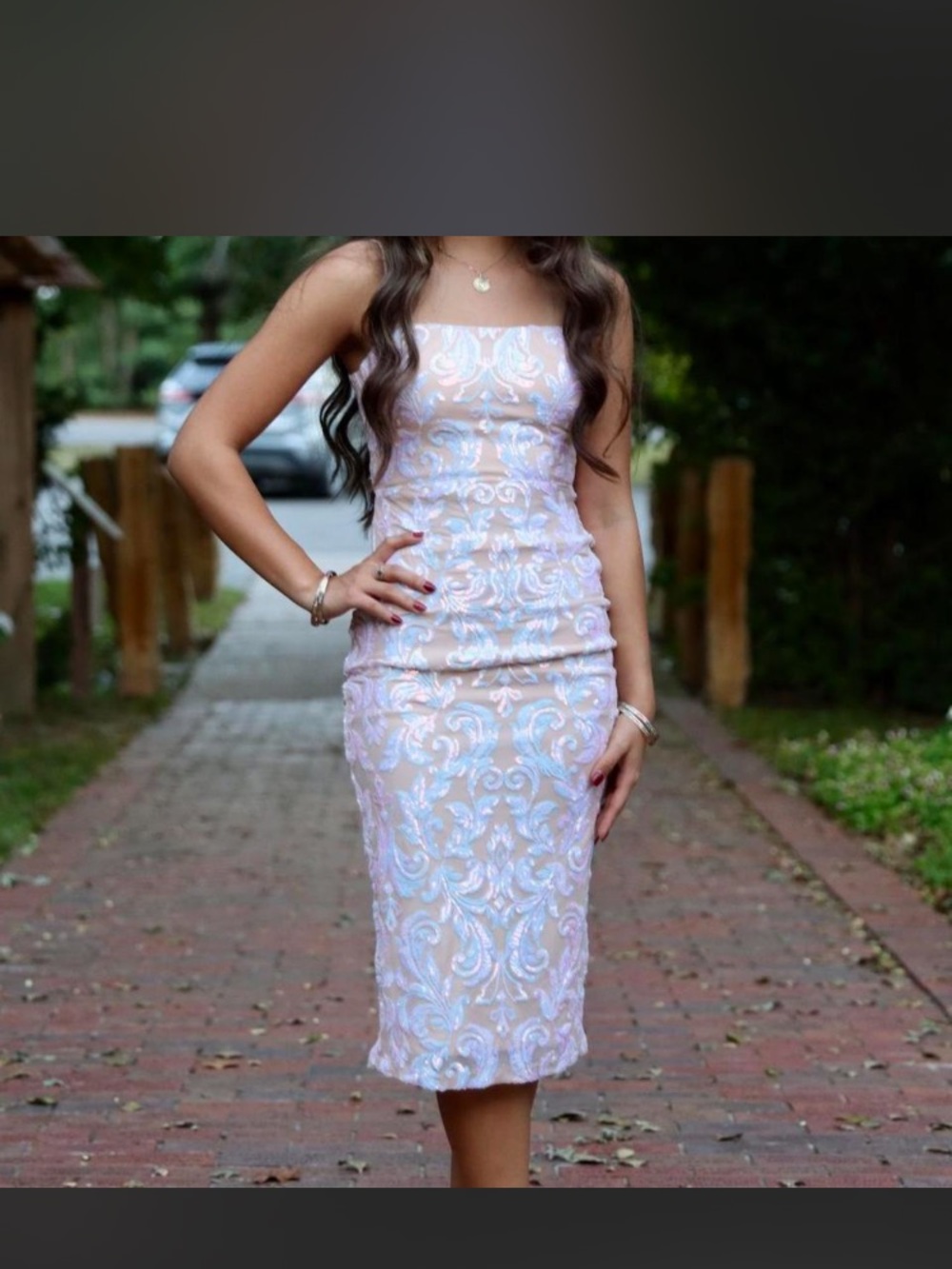 Strapless white pink beige Midi Dress
